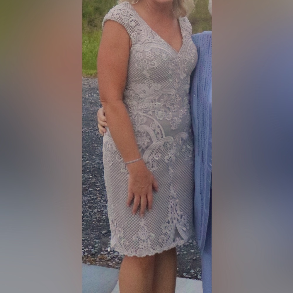 Elegant embroidered gown-taupe color size 12 without any alterations.